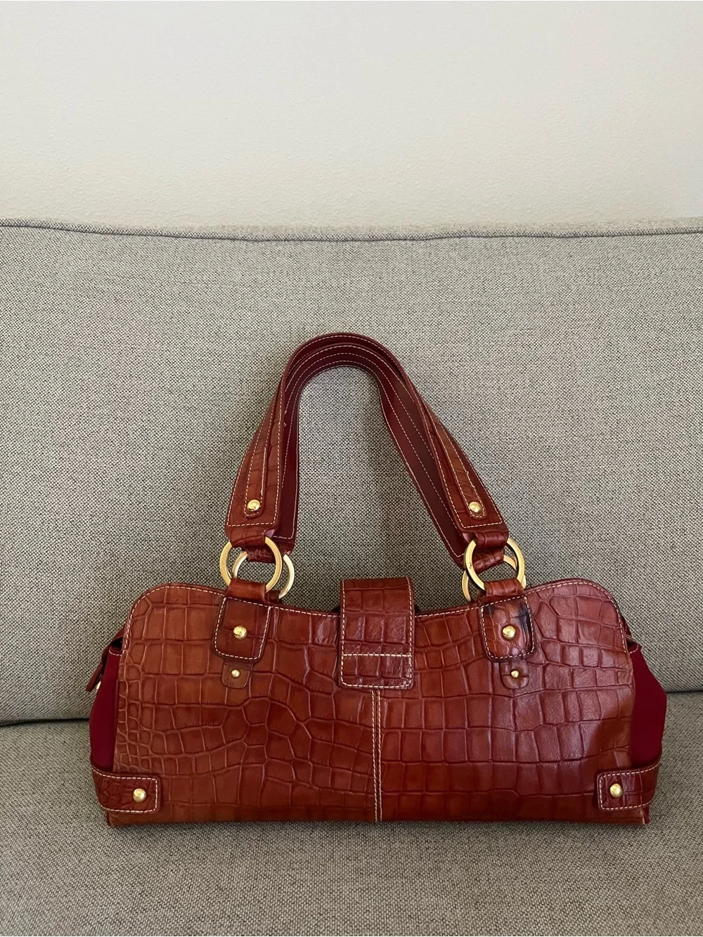 Brown Burgundy Y2K Croc-Embossed Shoulder Bag with Large Buckle - Women Bags